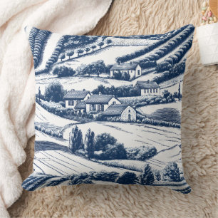 Classic Blue Toile Pastoral Landscape Vintage Cushion