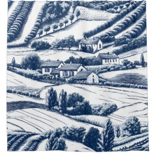 Classic Blue Toile Pastoral Landscape Vintage Shower Curtain