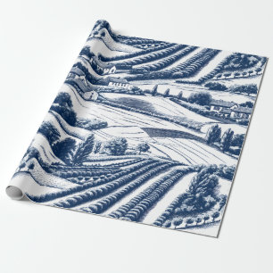 Classic Blue Toile Pastoral Landscape Vintage Wrapping Paper
