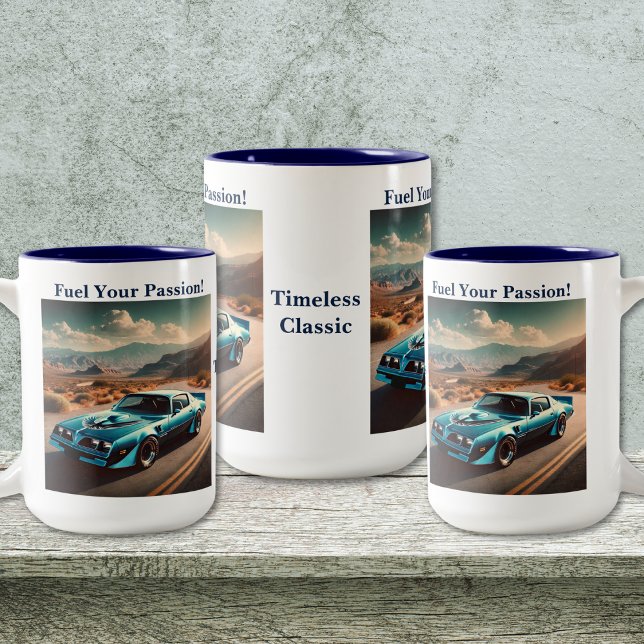 Classic Blue Trans Am Style Car Two-Tone Coffee Mug (Personalize to add names/dates. Customize to change text, color, style or remove text.)
