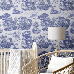 Classic Blue Vintage French Chateau Toile Wallpaper