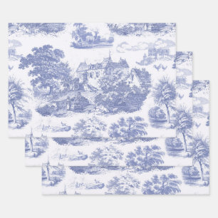 Classic Blue Vintage French Chateau Toile Wrapping Paper Sheet
