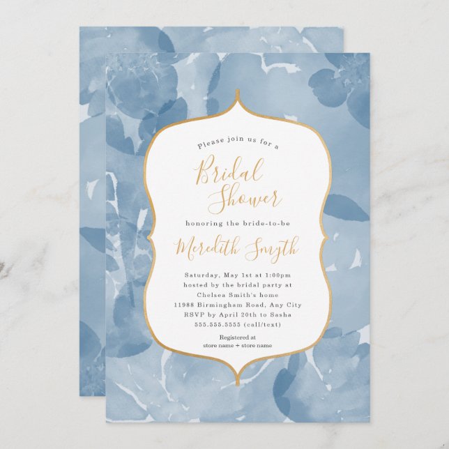 Classic Blue watercolor floral bridal shower Invitation (Front/Back)