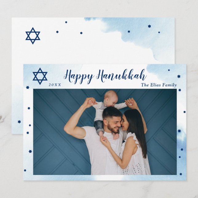 Classic Blue Watercolor Gold Happy Hanukkah Photo Holiday Card (Front/Back)