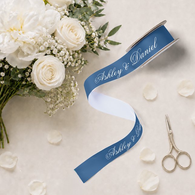Classic Blue Wedding Elegant Script Calligraphy Satin Ribbon (Creator Uploaded)