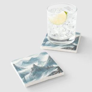 Classic Blue White Chinoiserie Landscape Painting  Stone Coaster