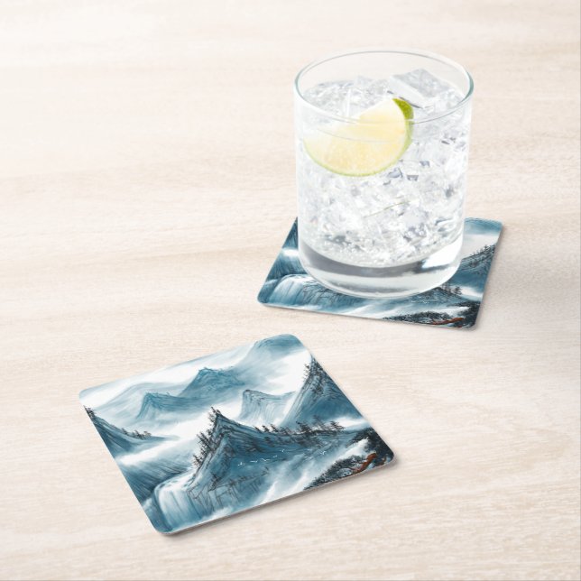 Classic Blue White Chinoiserie Mountain Landscape  Square Paper Coaster (Insitu)