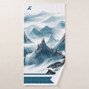 Classic Blue White Chinoiserie Mountains Painting  Bath Towel Set