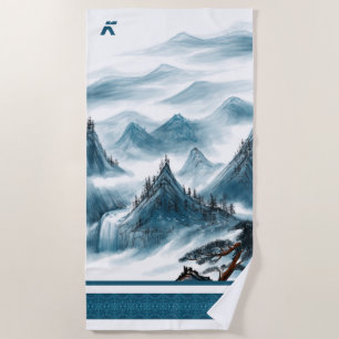 Classic Blue White Chinoiserie Mountains Painting Beach Towel