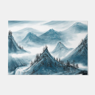 Classic Blue White Chinoiserie Mountains Painting Doormat