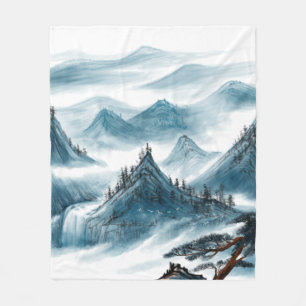 Classic Blue White Chinoiserie Mountains Painting Fleece Blanket