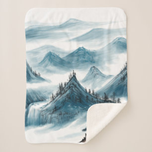 Classic Blue White Chinoiserie Mountains Painting  Sherpa Blanket