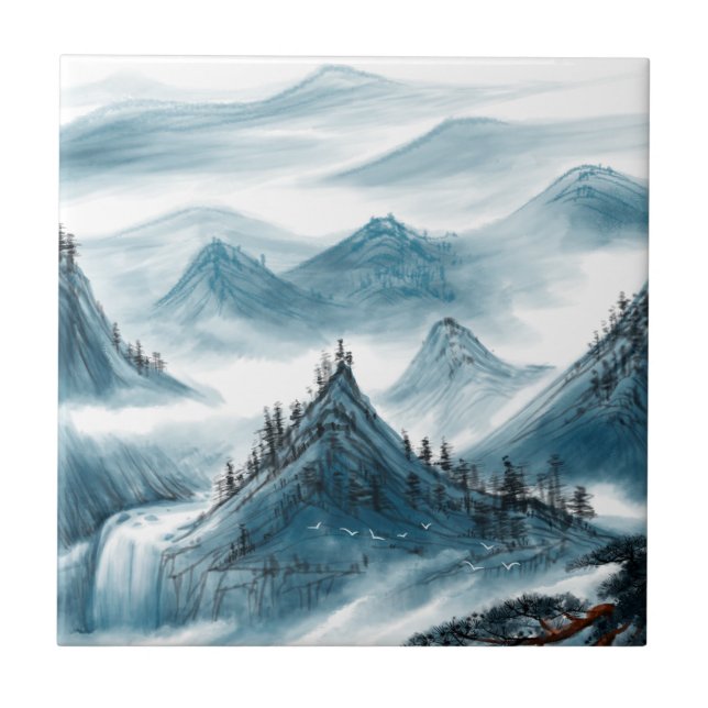 Classic Blue White Chinoiserie Mountains Painting Tile (Front)