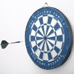 Classic Blue White Custom Family Name and Message Dartboard<br><div class="desc">A classic dartboard design with alternating classic blue and white triangles.
Above and below there are the name and a message as arched text, in caps.</div>