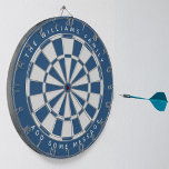 Classic Blue White Custom Family Name and Message Dartboard<br><div class="desc">A classic dartboard design with alternating classic blue and white triangles. 

Above and below there are the name and a message as arched text,  in caps.</div>