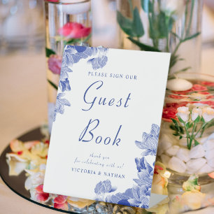 Classic Blue White Floral Wedding Guestbook Signs