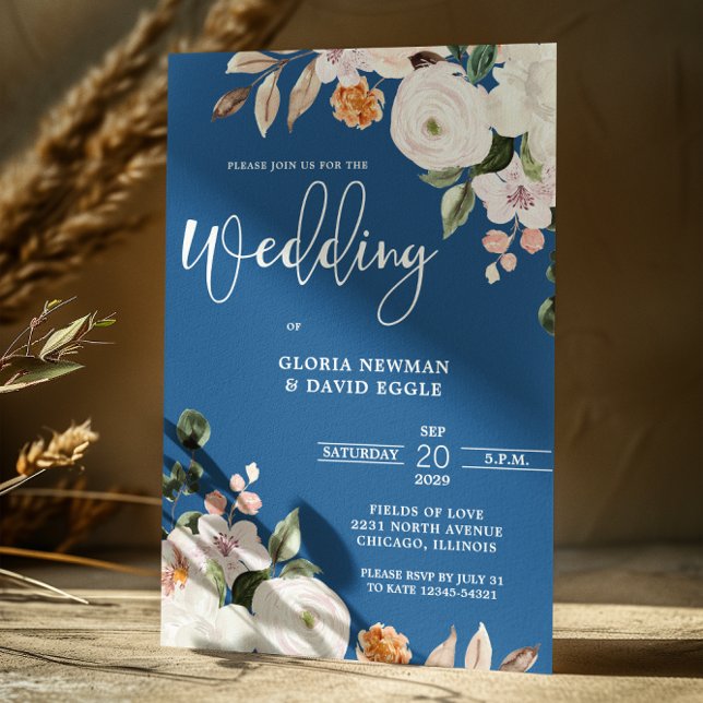 Classic Blue White Floral Wedding Invitation (Creator Uploaded)
