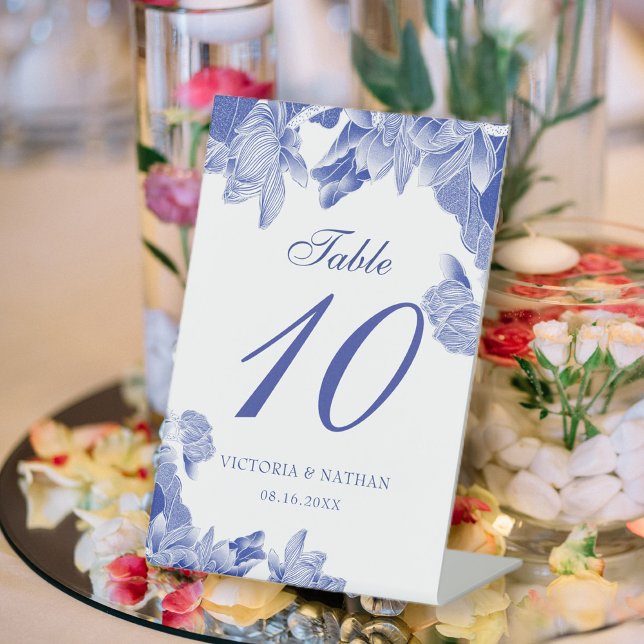 Classic Blue White Floral Wedding Table Number  Pe Pedestal Sign (Creator Uploaded)