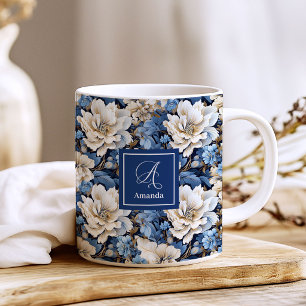 Classic Blue White Flowers Custom Name Coffee Mug