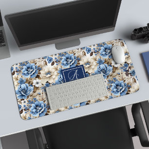 Classic Blue White Flowers Custom Name Desk Mat