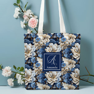 Classic Blue White Flowers Custom Name Tote Bag