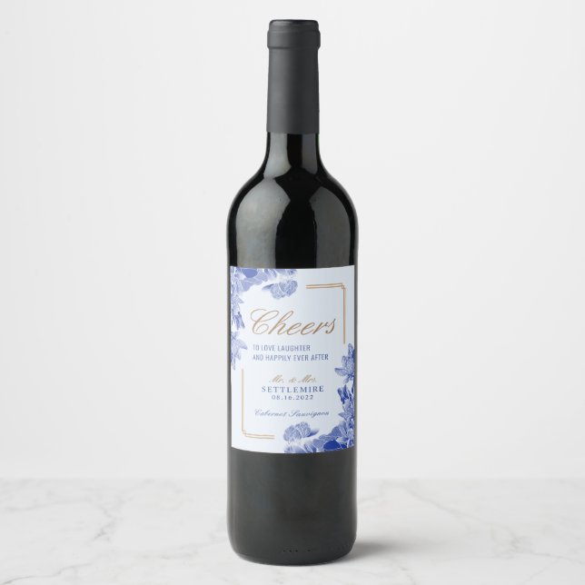 Classic Blue White Gold Floral Chinoiserie Wedding Wine Label (Front)