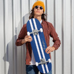 Classic Blue White Gold Monogram Racing Stripes Skateboard<br><div class="desc">Create your own custom, personalised, classic navy blue and white racing stripes, cool, stylish, classy elegant faux gold typography script, best quality hard-rock maple competition shaped skateboard deck. To customise, simply type in your name / monogram / initials. While you add / design, you'll be able to see a preview...</div>
