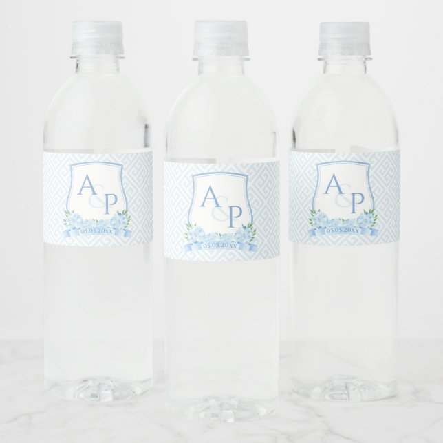 Classic Blue White Hydrangea Wedding Crest Party Water Bottle Label (Bottles)