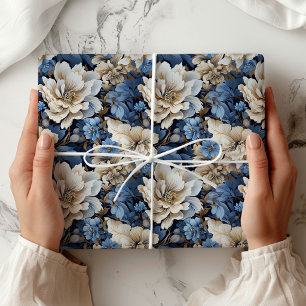 Classic Blue White Ivory Floral Gift Wrapping   Paper