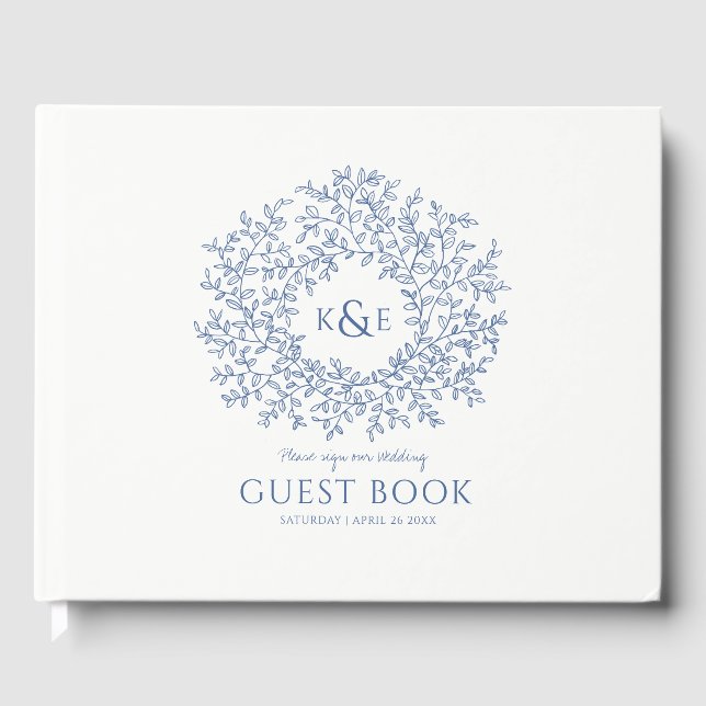 Classic blue white leaf monogram art wedding guest book (Front)