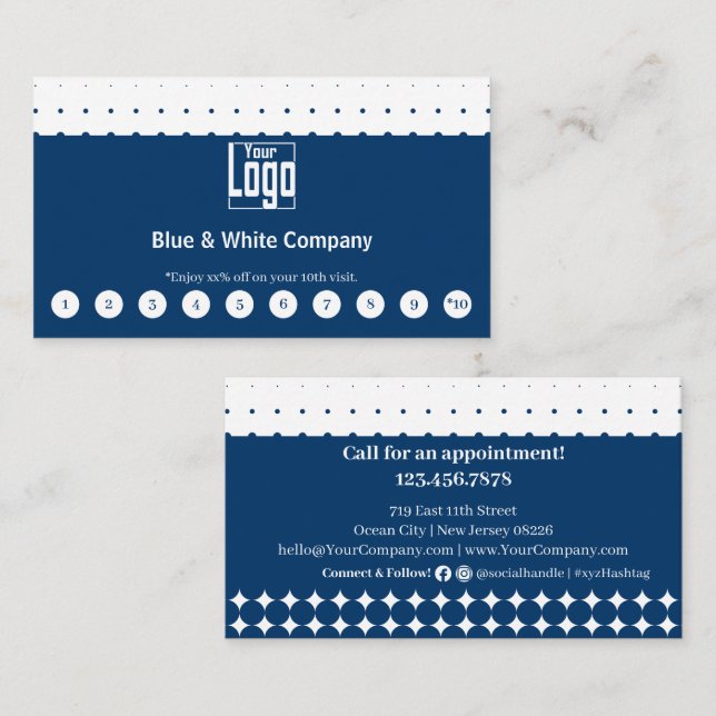 Classic Blue & White Logo Social Media Call Loyalty Card (Front/Back)