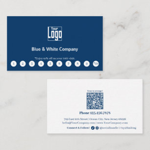 Classic Blue & White Logo Social Media QR Code Loyalty Card