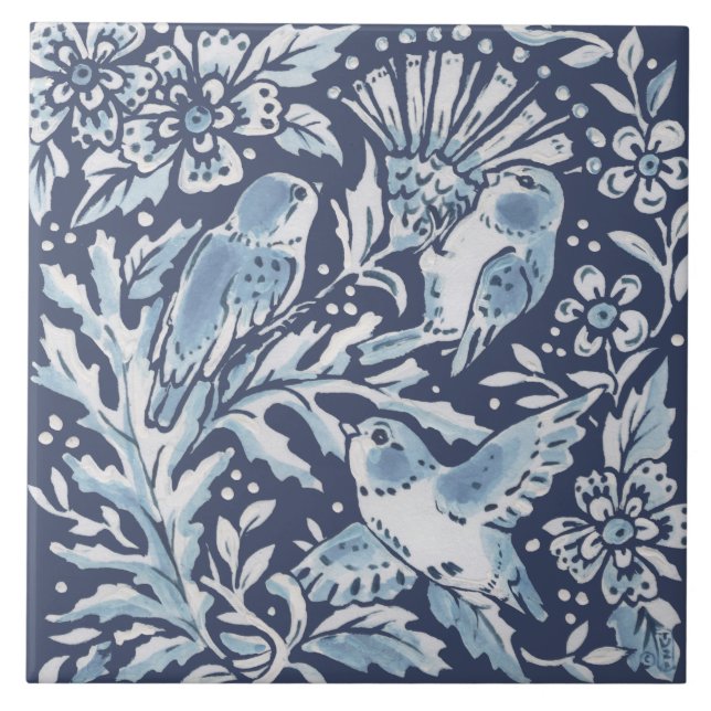 Classic Blue White Ornate 3 Birds Forest Floral Tile (Front)