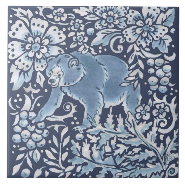 Classic Blue White Ornate Bear Forest Floral Art Tile (Front)