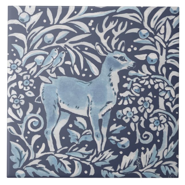 Classic Blue White Ornate Deer Forest Birds Art Tile (Front)