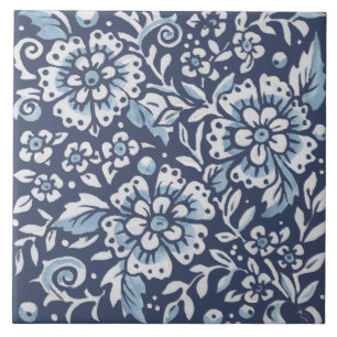 Classic Blue White Ornate Flowers Floral Art Tile