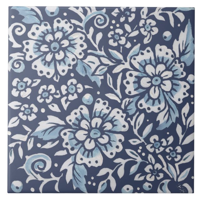 Classic Blue White Ornate Flowers Floral Art Tile (Front)