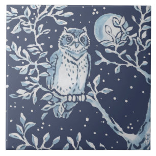 Classic Blue White Ornate Owl, Forest Night  Art Tile