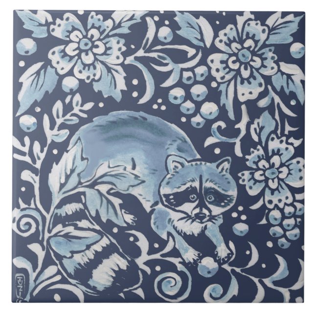 Classic Blue White Ornate Racoon Forest Floral Tile (Front)