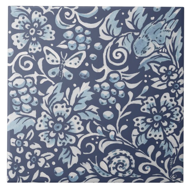 Classic Blue White Ornate Snail Bird Forest Floral Tile (Front)