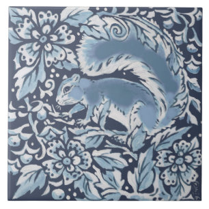 Classic Blue White Ornate Squirrel Forest Floral Tile