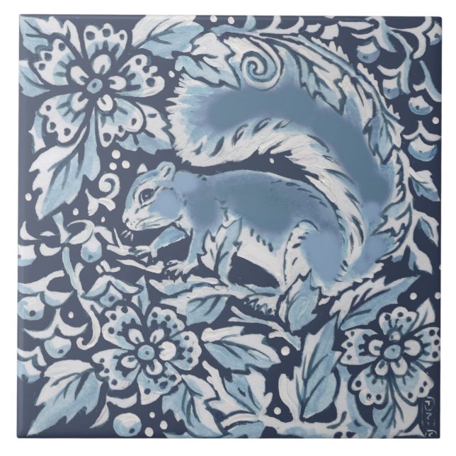 Classic Blue White Ornate Squirrel Forest Floral Tile (Front)