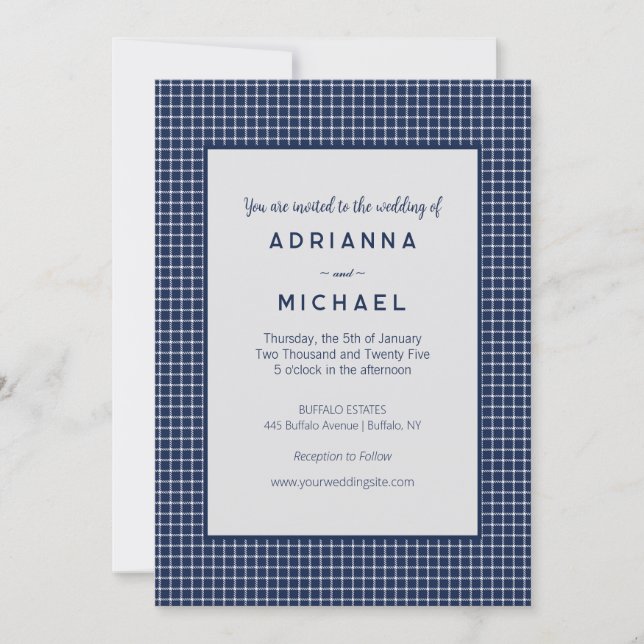 Classic Blue & White Plaid Wedding Invitation (Front)