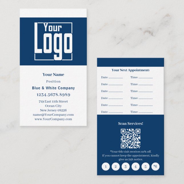 Classic Blue & White Portrait Format Loyalty & Appointment Card (Front/Back)