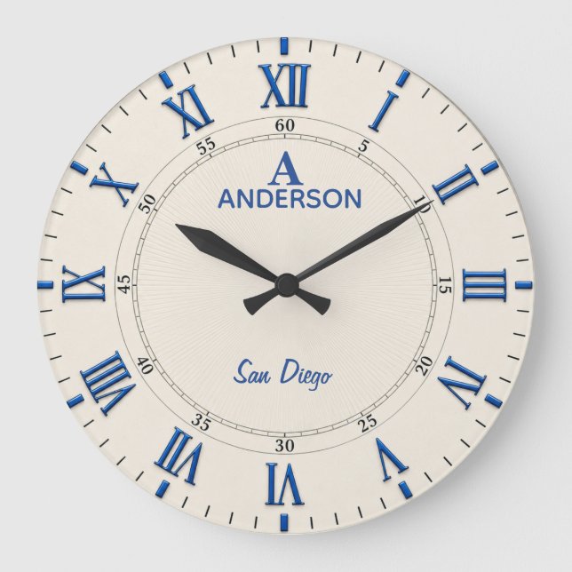  Classic Blue White Roman Elegant Large Clock (Front)