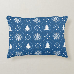 Classic Blue White Snowflake Christmas Tree Design Decorative Cushion