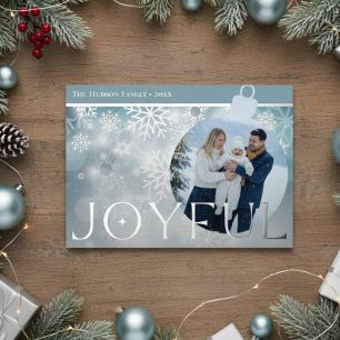 Classic Blue White Snowflake Joyful Bulb Photo Foil Holiday Card
