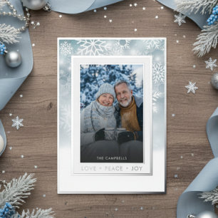 Classic Blue White Snowflake Love Peace Joy Photo Foil Holiday Card