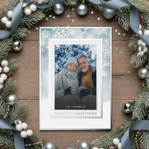 Classic Blue White Snowflake Season Greeting Photo Foil Holiday Card