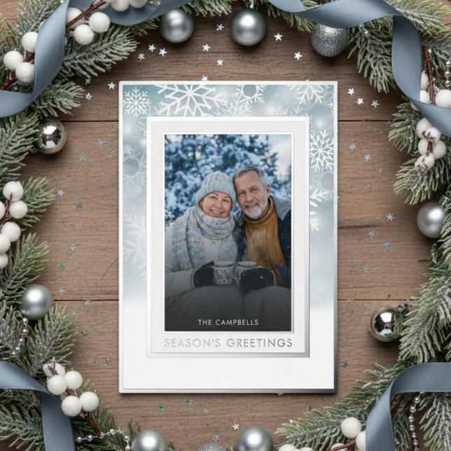 Classic Blue White Snowflake Season Greeting Photo Foil Holiday Card (Creator Uploaded)